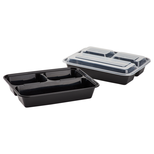 [150 sets] 32 oz PP Plastic Microwavable Rectangular Food Containers & Lids, Black, 3 Compartments
