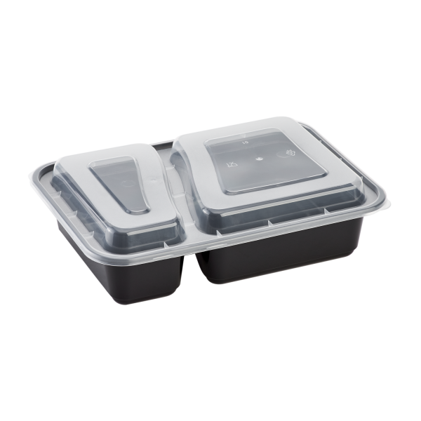 [150 sets] 30 oz PP Plastic Microwavable Rectangular Food Containers & Lids, Black, 2 Compartments