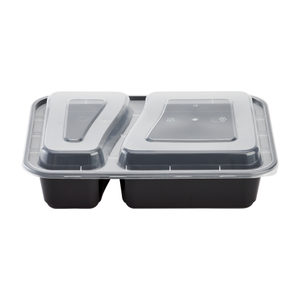 [150 sets] 30 oz PP Plastic Microwavable Rectangular Food Containers & Lids, Black, 2 Compartments