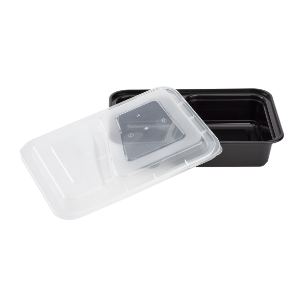 [150 sets] 30 oz PP Plastic Microwavable Rectangular Food Containers & Lids, Black, 2 Compartments
