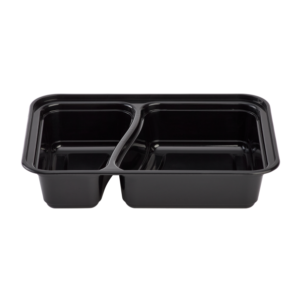 [150 sets] 30 oz PP Plastic Microwavable Rectangular Food Containers & Lids, Black, 2 Compartments
