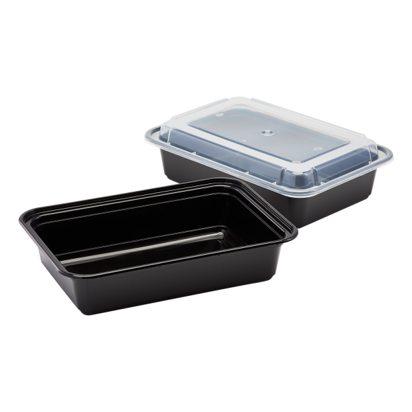 [150 sets] 38 oz PP Plastic Microwavable Rectangular Food Containers & Lids, Black