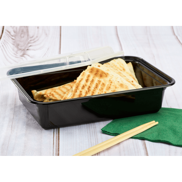 [150 sets] 38 oz PP Plastic Microwavable Rectangular Food Containers & Lids, Black
