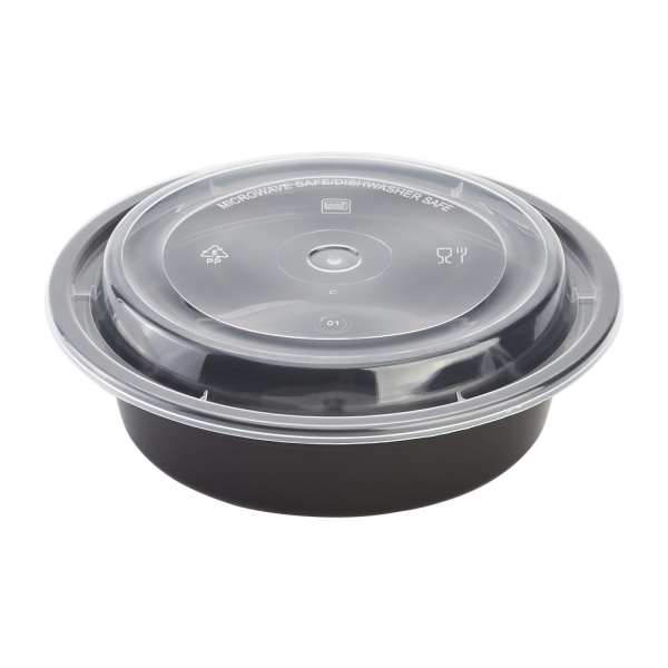 [150 sets] 16 oz PP Plastic Microwavable Round Food Containers & Lids, Black