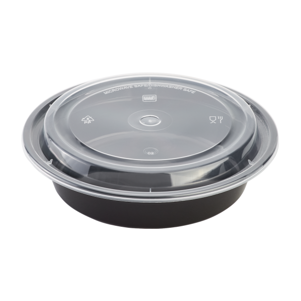 [150 sets] 24 oz PP Plastic Microwavable Round Food Containers & Lids, Black