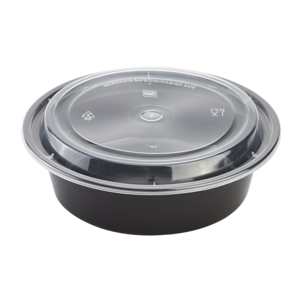[150 sets] 32 oz PP Plastic Microwavable Round Food Containers & Lids, Black