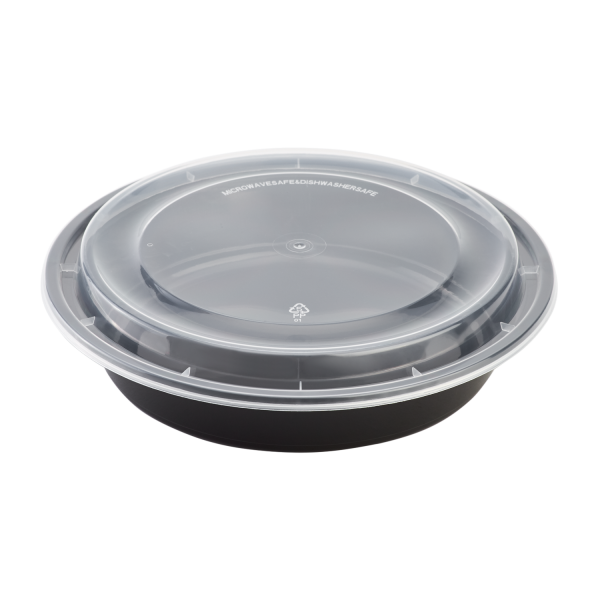 [150 sets] 48 oz PP Plastic Microwavable Round Food Containers & Lids (Black)