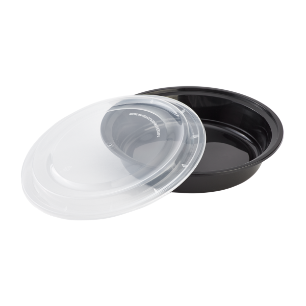 [150 sets] 48 oz PP Plastic Microwavable Round Food Containers & Lids (Black)