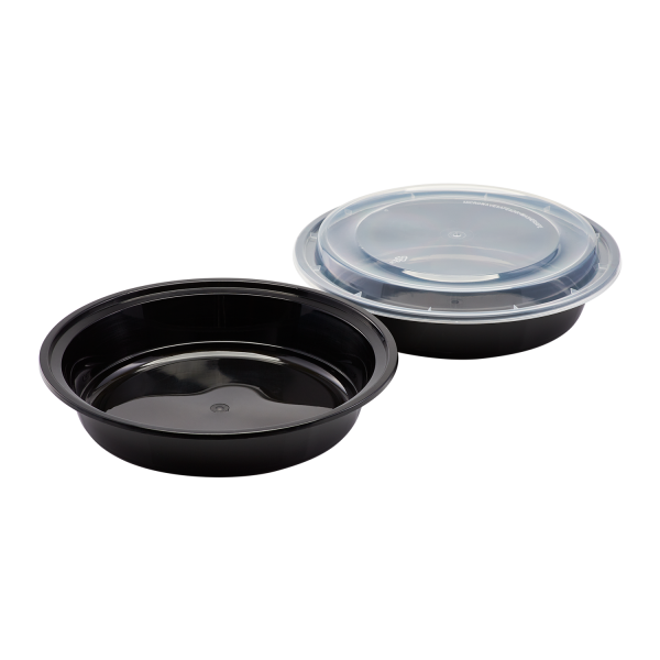 [150 sets] 48 oz PP Plastic Microwavable Round Food Containers & Lids (Black)
