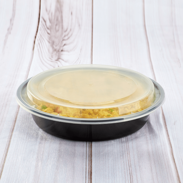 [150 sets] 48 oz PP Plastic Microwavable Round Food Containers & Lids (Black)