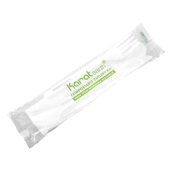 Karat Earth Heavy-Weight CPLA Compostable Cutlery Kits (Knife, Fork, Tea Spoon, 2-ply Napkin), White - 250 kits