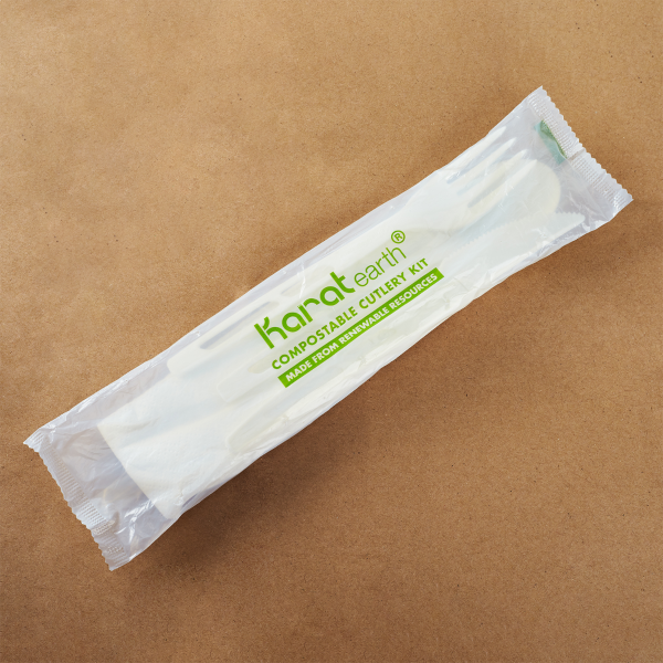 Karat Earth Heavy-Weight CPLA Compostable Cutlery Kits (Knife, Fork, Tea Spoon, 2-ply Napkin), White - 250 kits