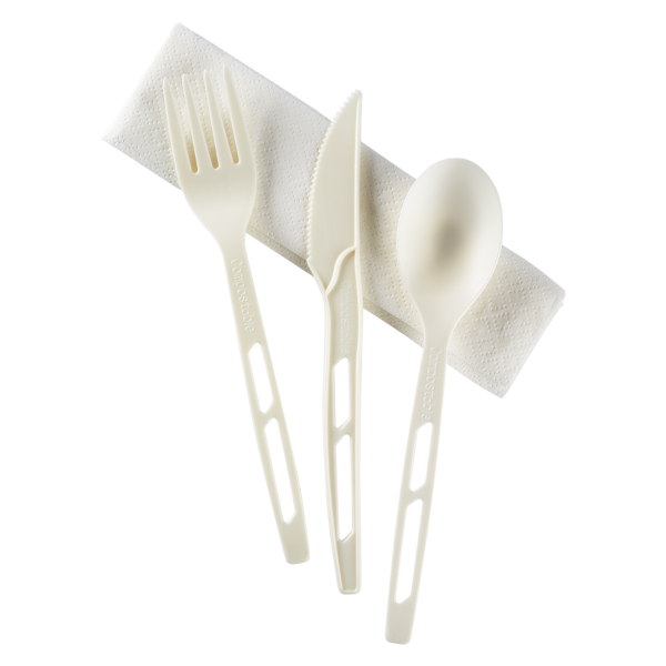 Karat Earth Heavy-Weight CPLA Compostable Cutlery Kits (Knife, Fork, Tea Spoon, 2-ply Napkin), White - 250 kits