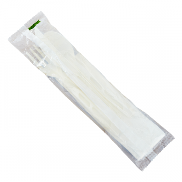 Karat Earth Heavy-Weight CPLA Compostable Cutlery Kits (Knife, Fork, Tea Spoon, 2-ply Napkin), White - 250 kits