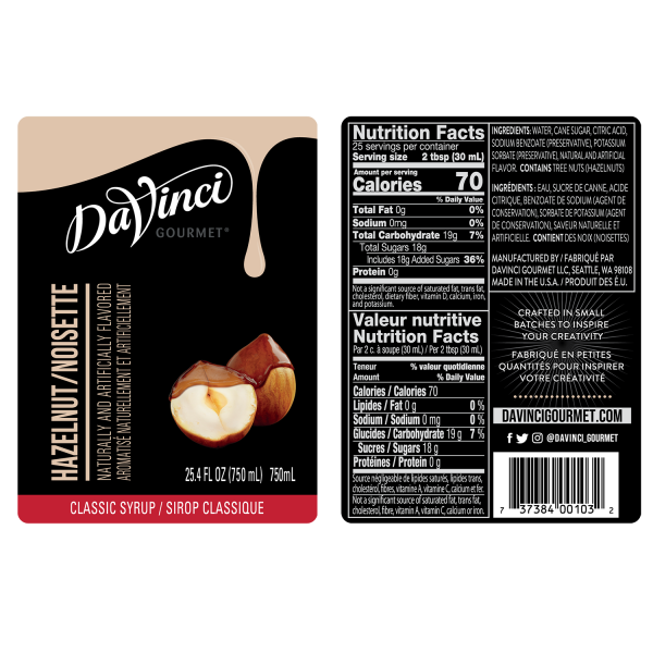 DaVinci Classic Hazelnut (Original) Syrup - Bottle (750mL)