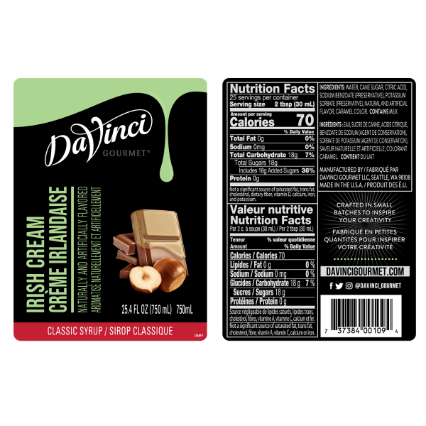 DaVinci Classic Irish Cream Syrup - Bottle (750mL)