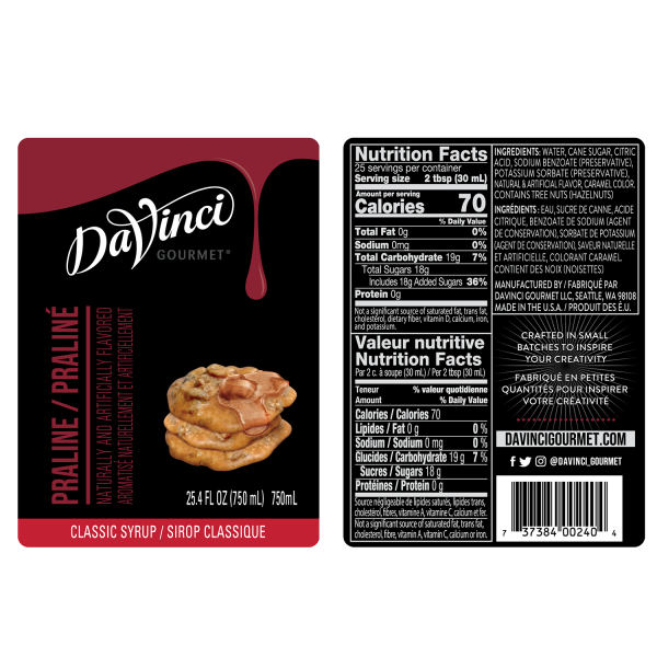 DaVinci Classic Praline Syrup - Bottle (750mL)