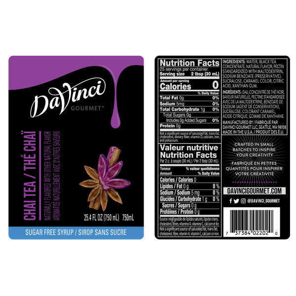 DaVinci Sugar Free Chai Tea Syrup - Bottle (750mL)