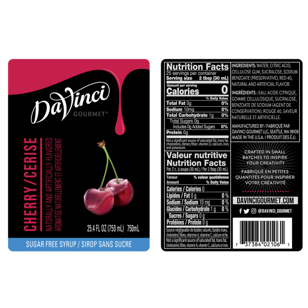 DaVinci Sugar Free Cherry Syrup - Bottle (750mL)