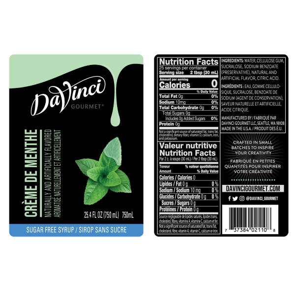 DaVinci Sugar Free Creme de Menthe Syrup - Bottle (750mL)