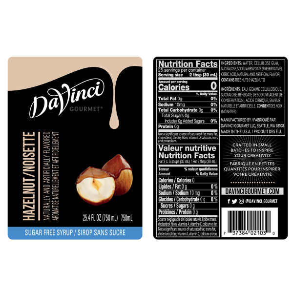DaVinci Sugar Free Hazelnut (Original) Syrup - Bottle (750mL)