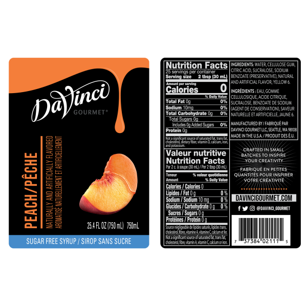 DaVinci Sugar Free Peach Syrup - Bottle (750mL)