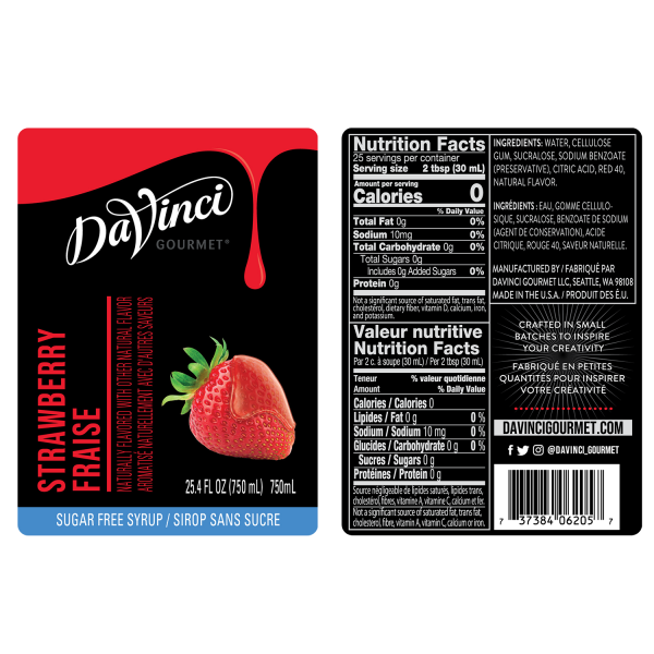 DaVinci Sugar Free Strawberry Syrup - Bottle (750mL)