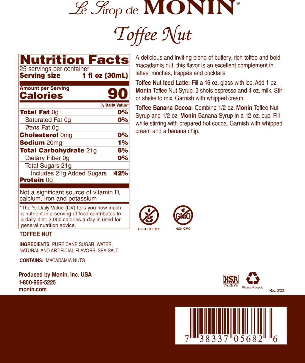 Monin Toffee Nut Syrup - Bottle (750mL)