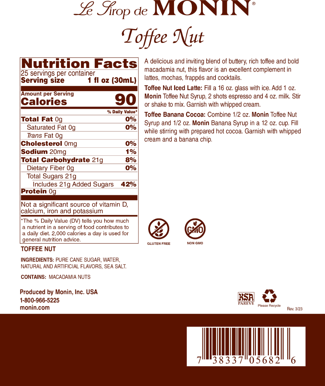 Monin Toffee Nut Syrup - Bottle (750mL)
