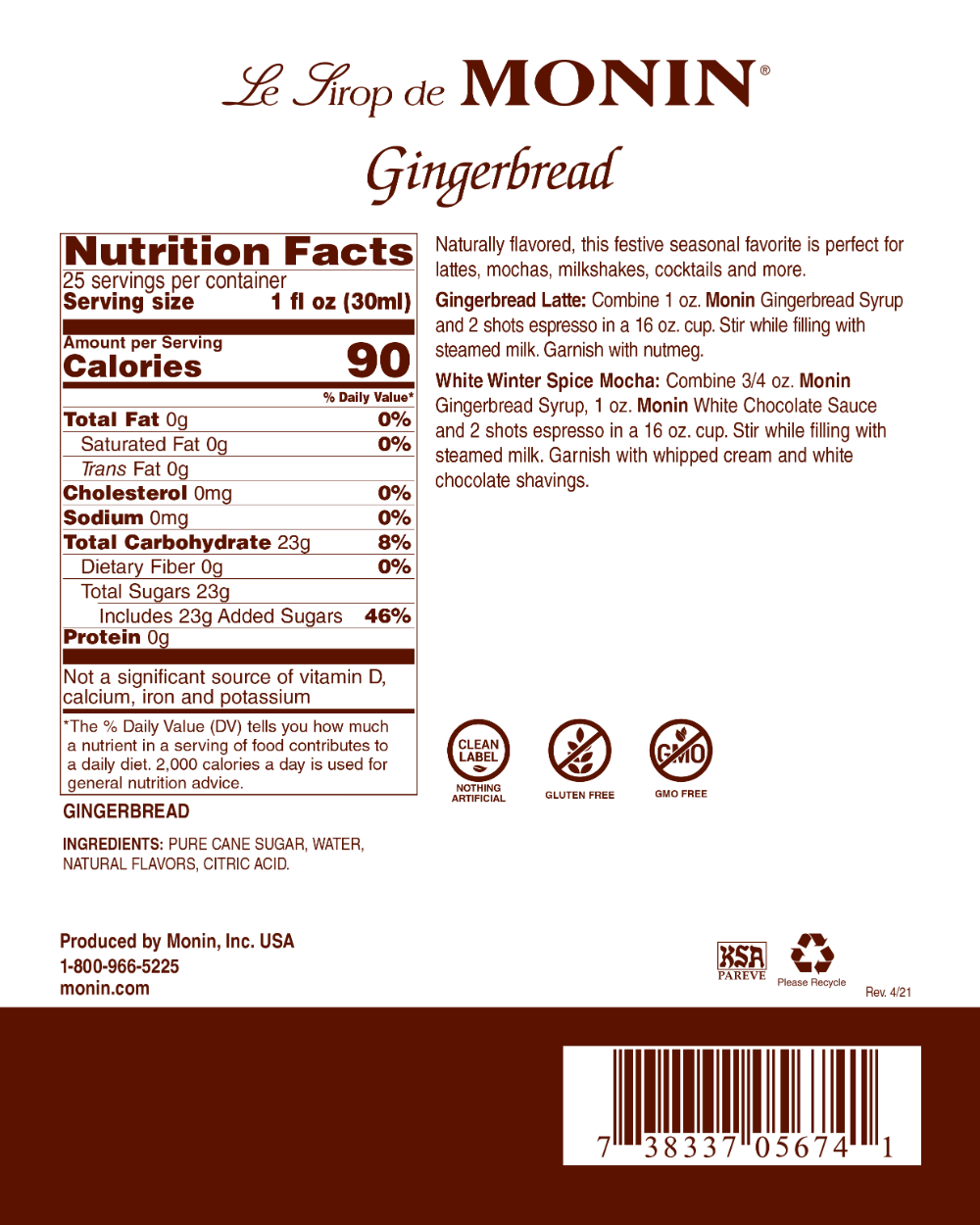 Monin Gingerbread Syrup - Bottle (750mL)
