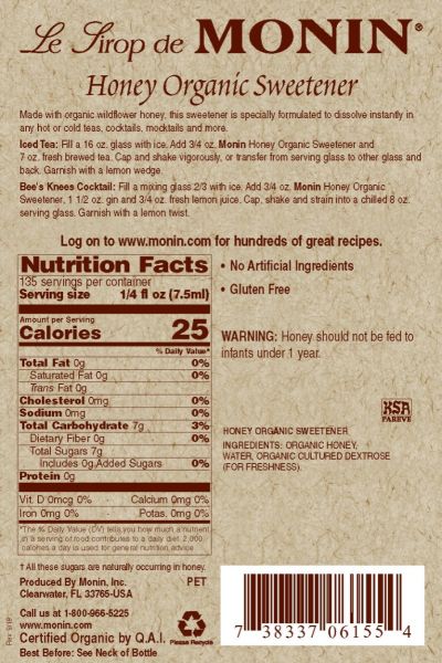 Monin Organic Honey Sweetener Syrup - Bottle (1L)