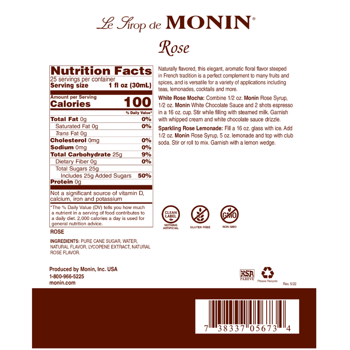 Monin Rose Syrup - Bottle (750mL)