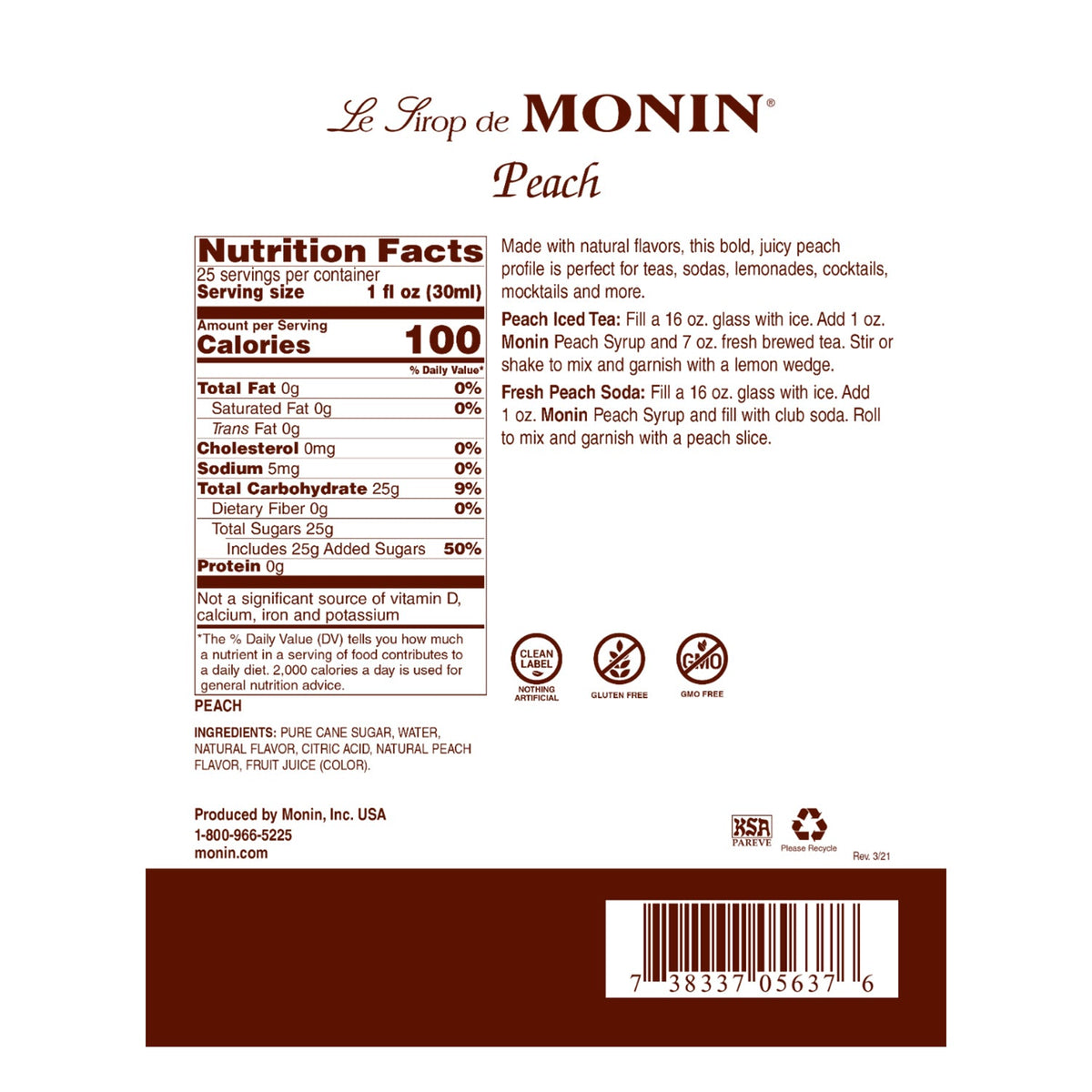 Monin Peach Syrup - Bottle (750mL)
