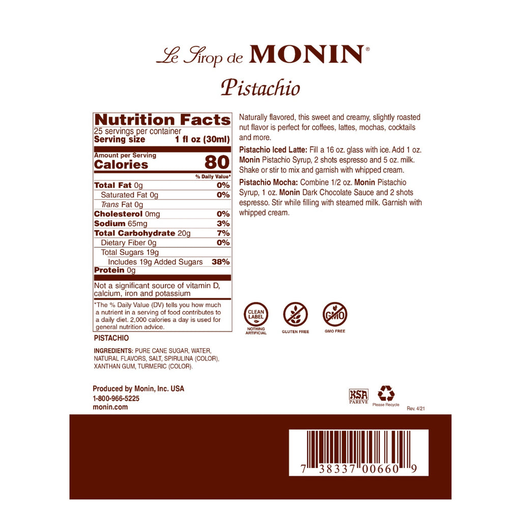 Monin Pistachio Syrup - Bottle (750mL)