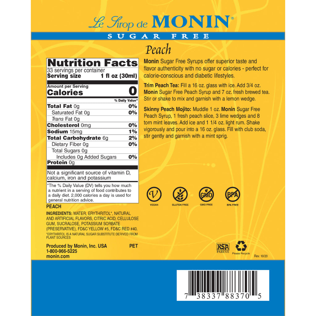 Monin Sugar Free Peach Syrup - Bottle (1 Liter)