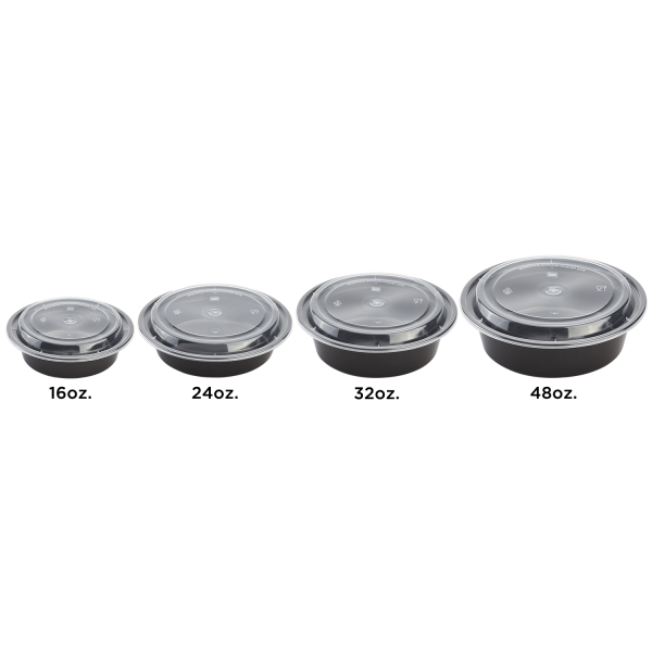 [150 sets] 16 oz PP Plastic Microwavable Round Food Containers & Lids, Black