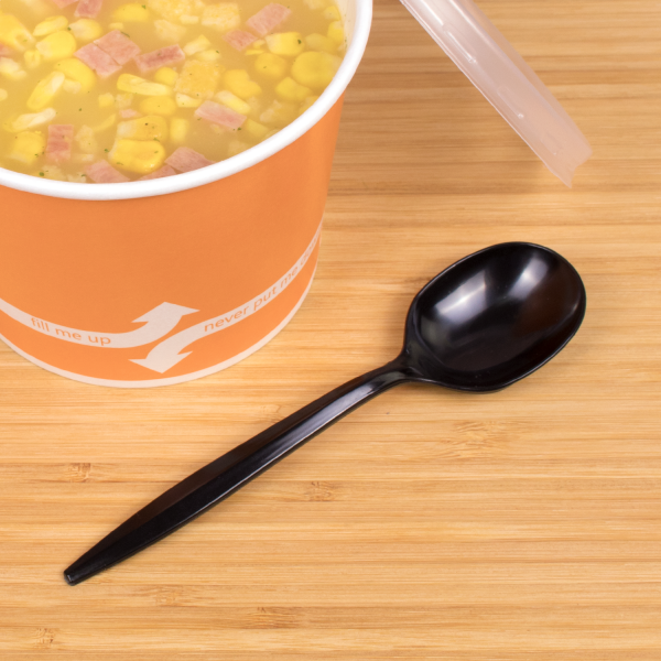 [1,000 ct] PS Plastic Medium Weight Soup Spoons Bulk Box, Black