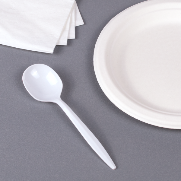 [1,000 ct] PS Plastic Medium Weight Soup Spoons Bulk Box, White