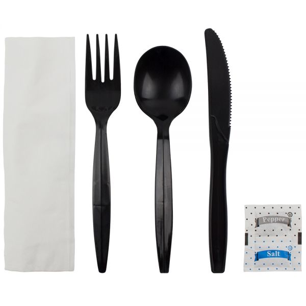 [250 sets] PP Plastic Medium-Heavy Weight Cutlery Kits with Salt and Pepper, Black