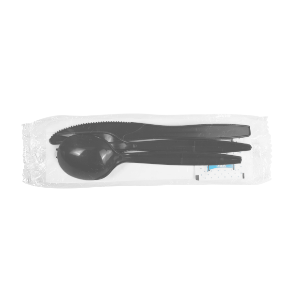 [250 sets] PP Plastic Medium-Heavy Weight Cutlery Kits with Salt and Pepper, Black