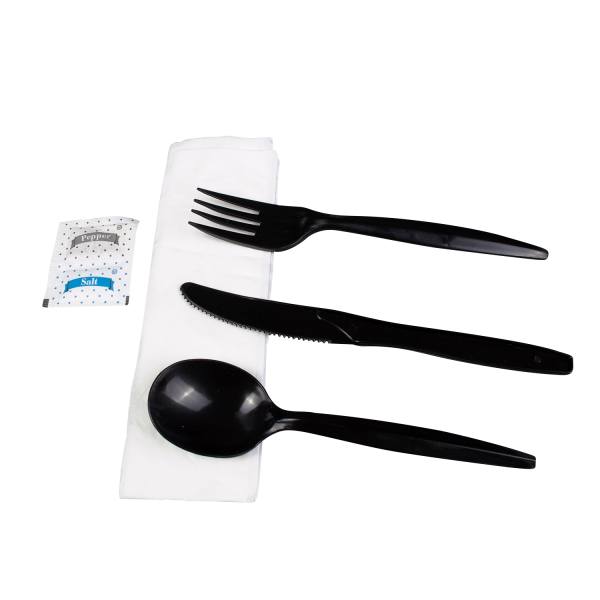 [250 sets] PP Plastic Medium-Heavy Weight Cutlery Kits with Salt and Pepper, Black