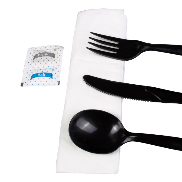 [250 sets] PP Plastic Medium-Heavy Weight Cutlery Kits with Salt and Pepper, Black