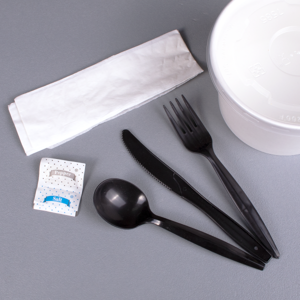 [250 sets] PP Plastic Medium-Heavy Weight Cutlery Kits with Salt and Pepper, Black