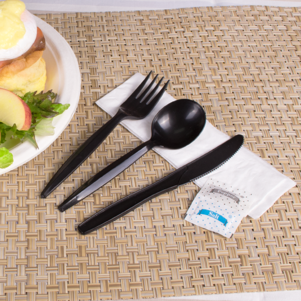 [250 sets] PP Plastic Medium-Heavy Weight Cutlery Kits with Salt and Pepper, Black