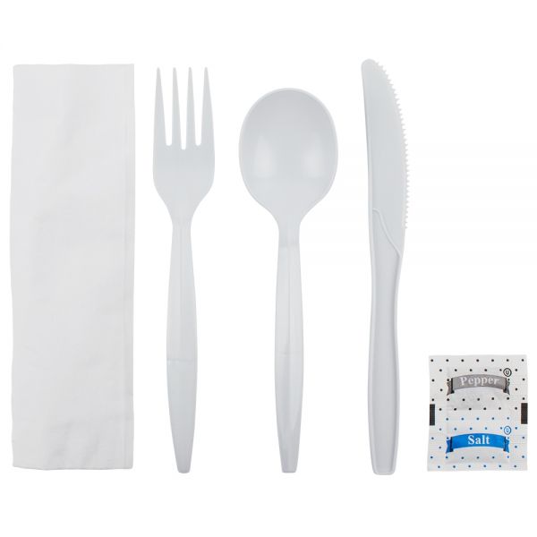 [250 sets] PP Plastic Medium-Heavy Weight Cutlery Kits with Salt and Pepper, White