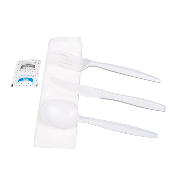 [250 sets] PP Plastic Medium-Heavy Weight Cutlery Kits with Salt and Pepper, White