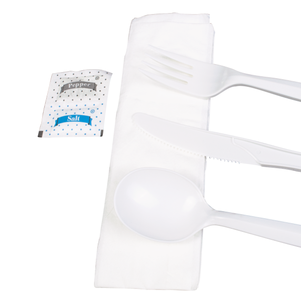 [250 sets] PP Plastic Medium-Heavy Weight Cutlery Kits with Salt and Pepper, White