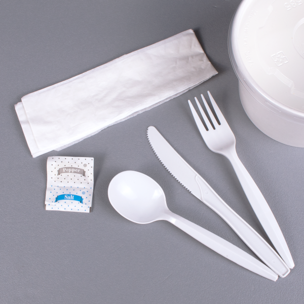 [250 sets] PP Plastic Medium-Heavy Weight Cutlery Kits with Salt and Pepper, White