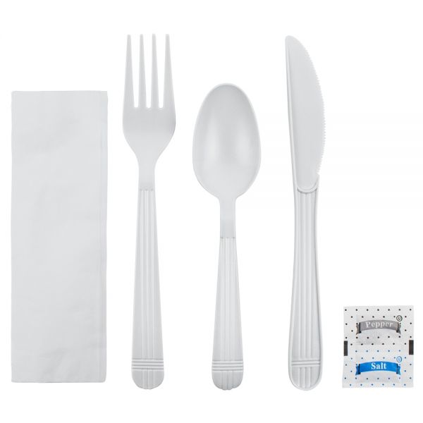 [250 sets] PP Plastic Heavy Weight Cutlery Kits with Salt and Pepper, White