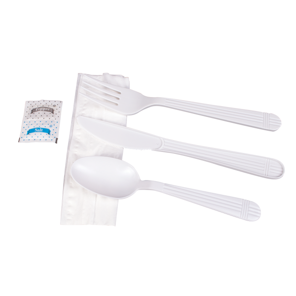 [250 sets] PP Plastic Heavy Weight Cutlery Kits with Salt and Pepper, White